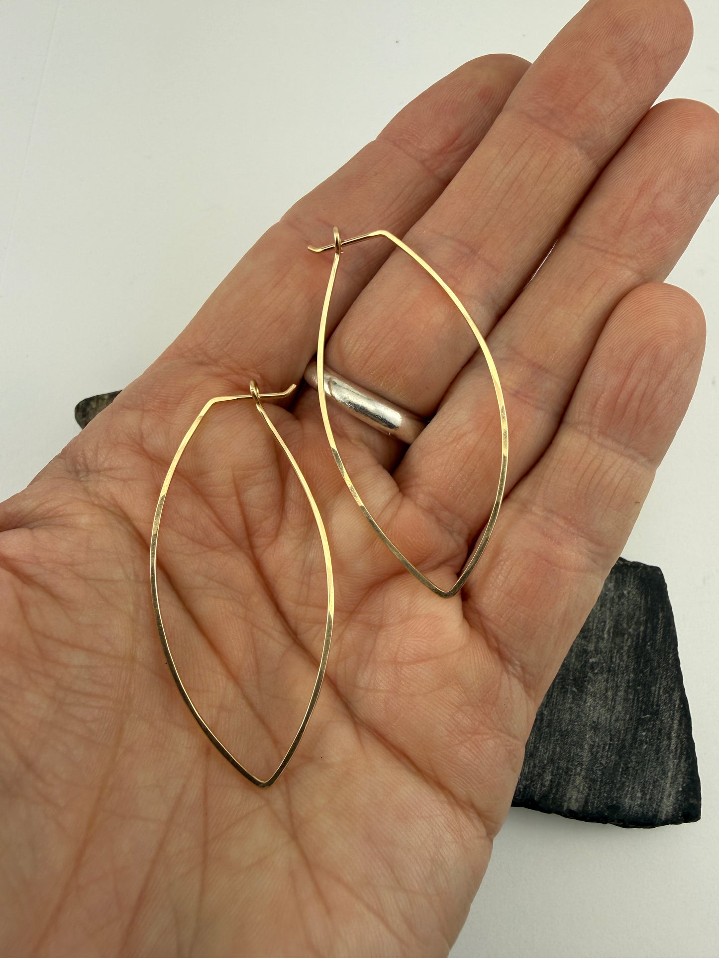 Gold Petal Hoop Earrings | Boho Hoops | Geometric Earrings | Petal Shaped Hoops | 14 K Gold Fill | Handmade Hammered Hoops