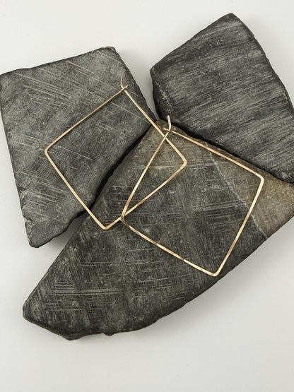 Gold Diamond Hoop Earrings | Boho Hoops | Geometric Earrings | Diamond Shaped Hoops | 14 k Gold Fill | Handmade Hammered Hoops