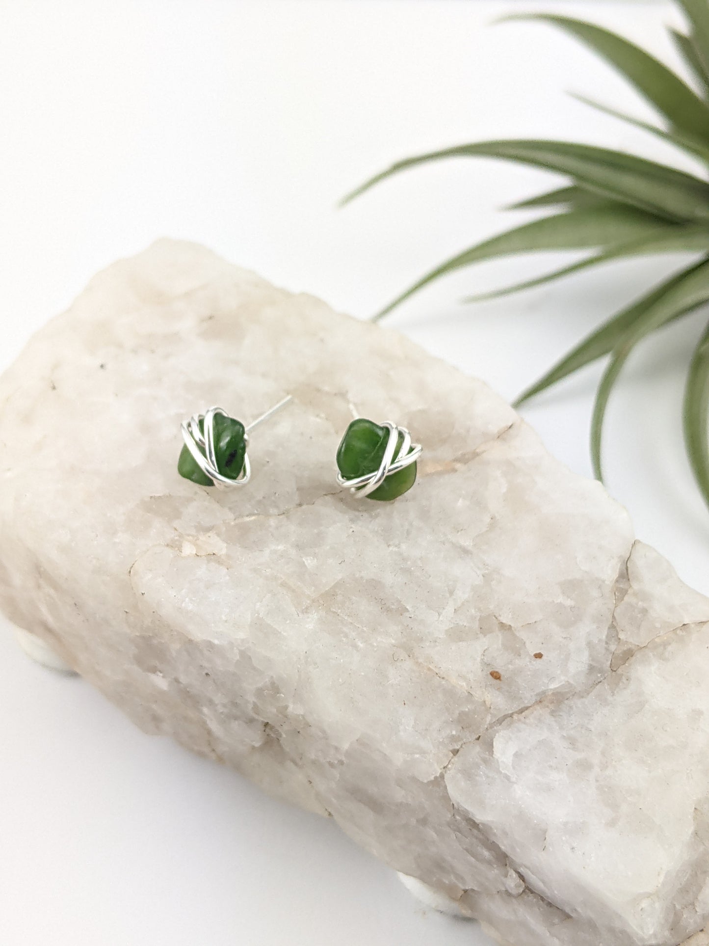 Sterling Silver Wrapped Jade Stud Earrings, Gemstone studs, natural jade, March birthstone, stone earrings,