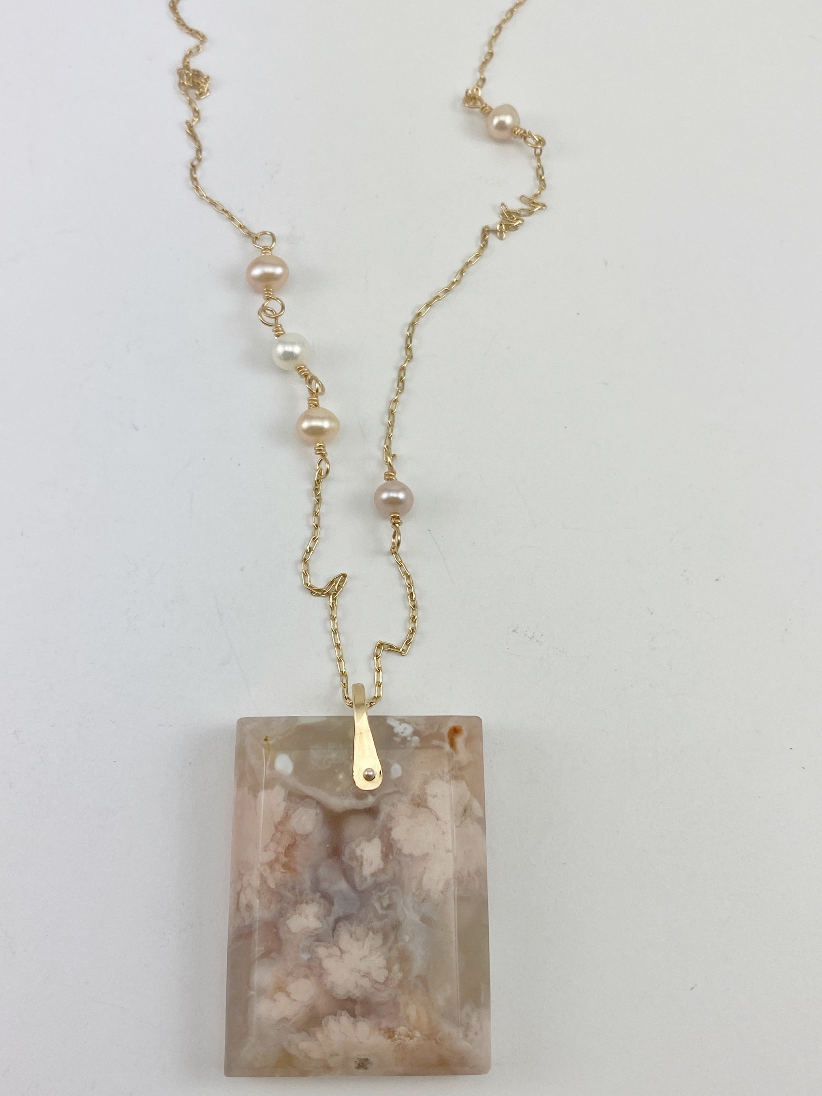 14K Gold Cherry Blossom Agate with Freshwater Pearl Accents Necklace