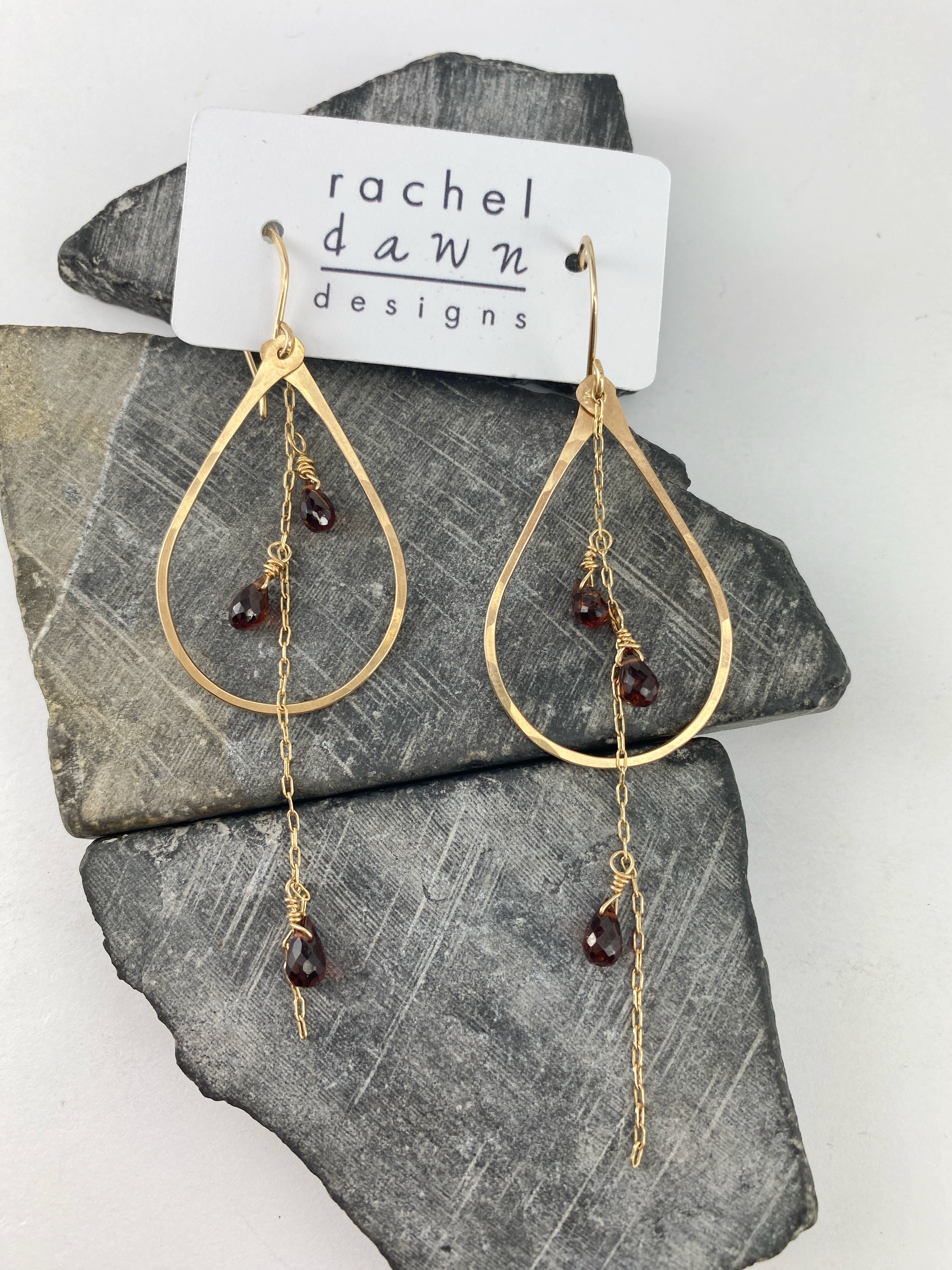 Gold Garnet Teardrop Hoops | Gold Teardrop Earrings | Teardrop Hoops | Geometric Earrings | Garnet Earrings | Minimalist Earrings | Boho Teardrop Earrings | 14 K Gold Fill | Birthstone Jewelry | January Birthday | Birthstone Earrings