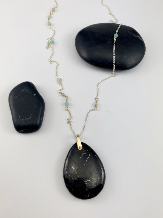 Silver Shungite Necklace with Gold and Amazonite  | Silver Boho Necklace | Statement Necklace | Gemstone Pendant | One of a Kind Necklace | Sterling Silver
