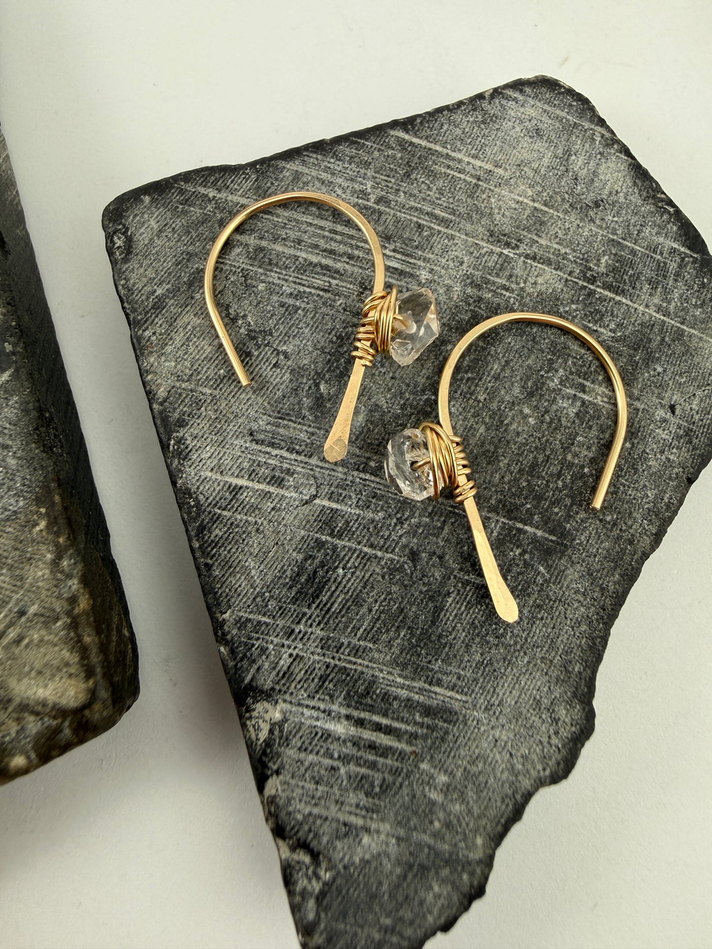 Gold Open Hoop Earrings with Herkimer Diamonds | Birthstone Earrings | Dainty Earrings | Gold Boho Earrings | Gold Hoops | April Birthstone | Arch Hoops | Simple Earrings | Open Hoops | Minimalist Earrings