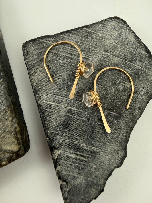 Gold Open Hoop Earrings with Herkimer Diamonds | Birthstone Earrings | Dainty Earrings | Gold Boho Earrings | Gold Hoops | April Birthstone | Arch Hoops | Simple Earrings | Open Hoops | Minimalist Earrings