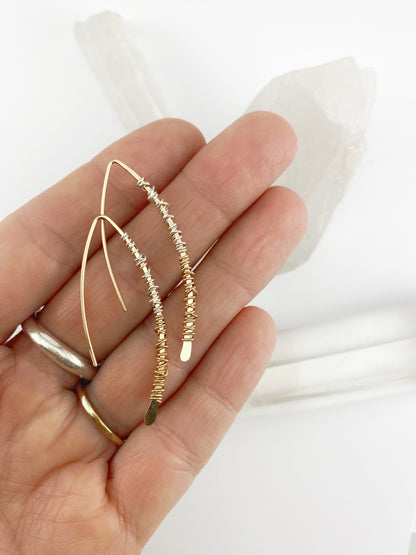 Gold Mixed Metal Pull Through Earrings | Boho Threader Earrings | Minimalist Earrings | Delicate Earrings | Dainty Open Hoops |  Arc Earrings