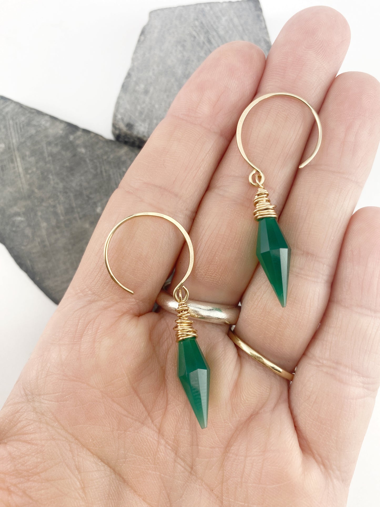 Green Onyx Gold Drop Earrings | Gemstone Earrings | Gold Dangle Earrings | Green Stone | Gold Boho Earrings | Geometric Earrings | Dainty Earrings