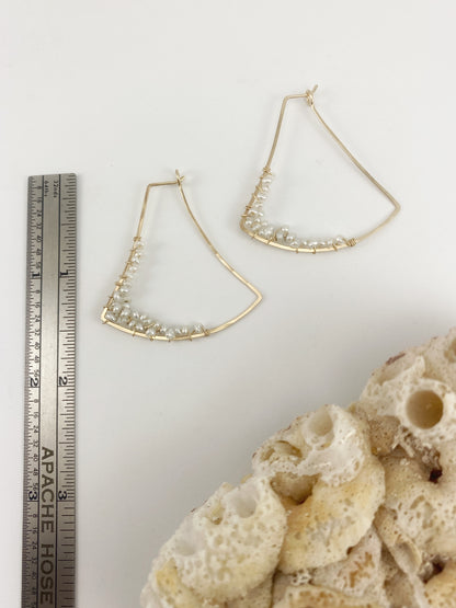 Gold Fan Hoops with Dainty Woven Pearls