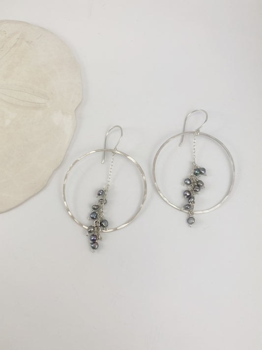 Hammered Silver Hoops with Silver Pearl Clusters