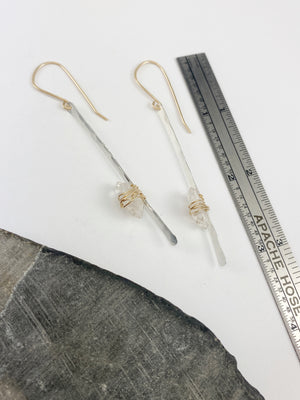 Herkimer Diamond Bar Earrings with Sterling Silver and 14K Gold Wire