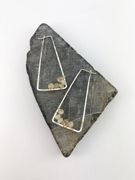 Moonstone Trapezoid Mixed Metal Hoops | Geometric Earrings | Everyday Earrings | Minimalist Earrings | Boho Hoop Earrings | Trapezoid Earrings | Chocolate Moonstone | Mixed Metal Hoops