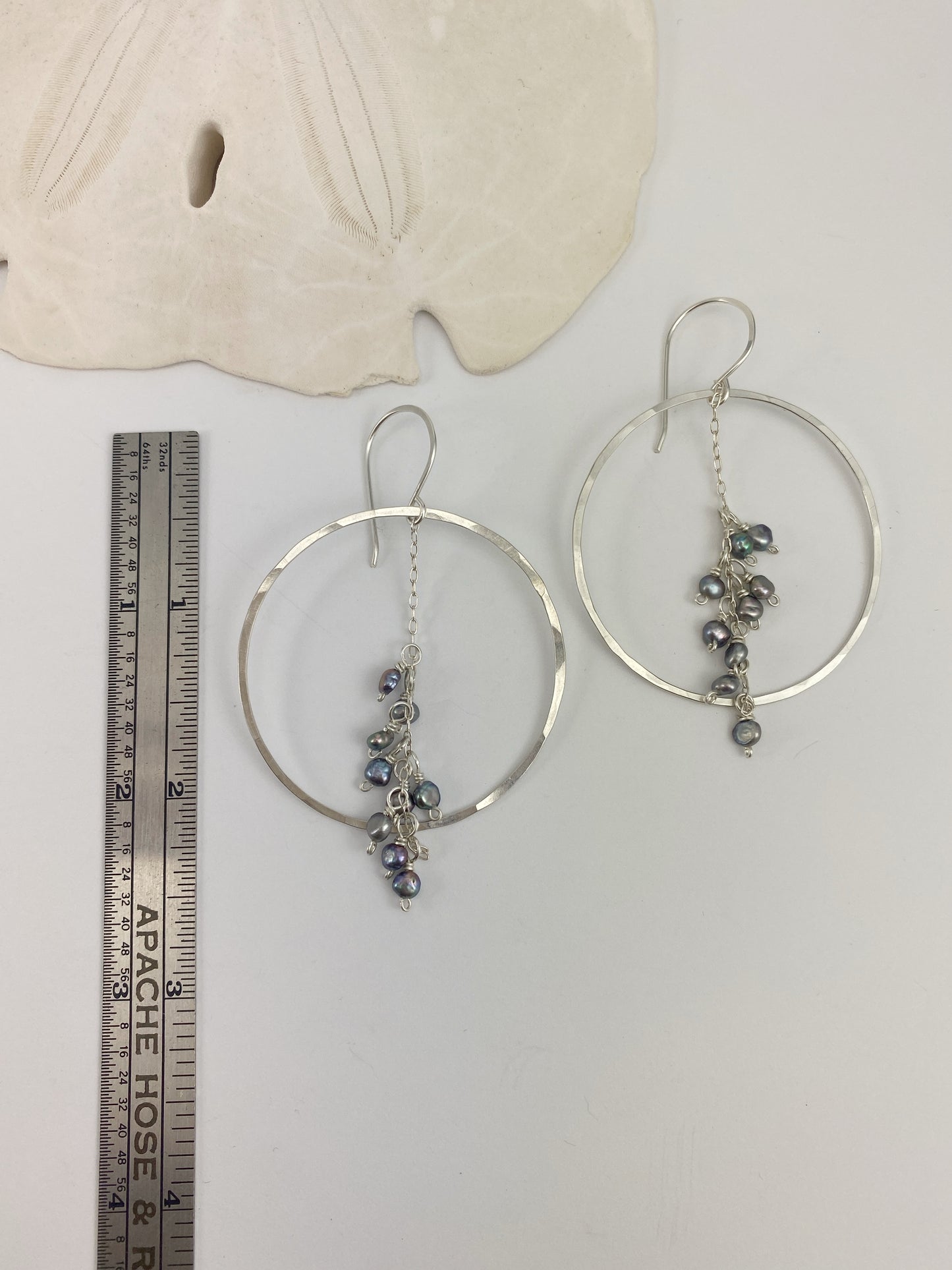 Hammered Silver Hoops with Silver Pearl Clusters