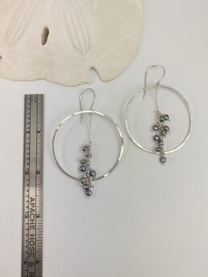 Hammered Silver Hoops with Silver Pearl Clusters