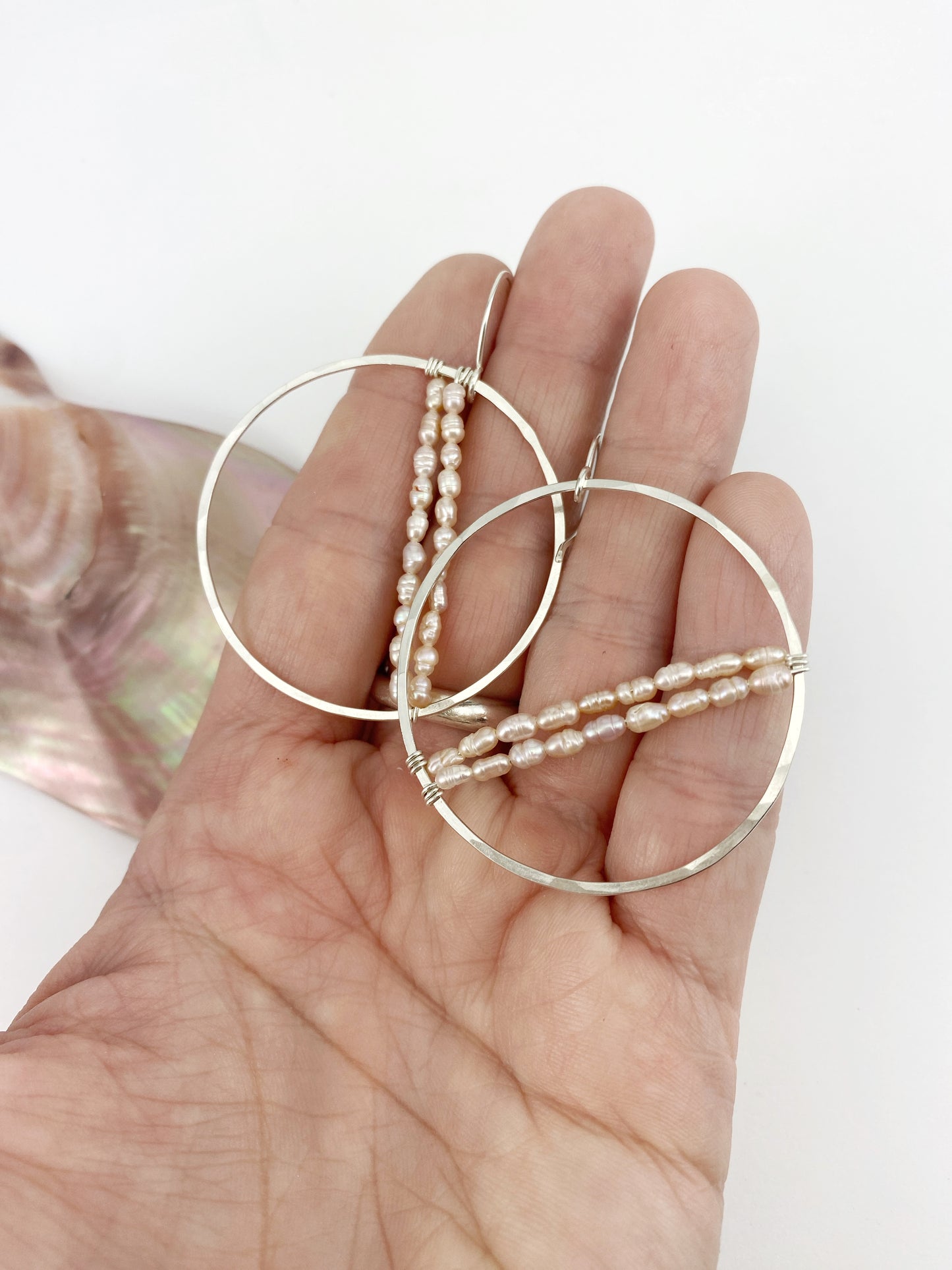 Double Strung Silver Pearl Hoops