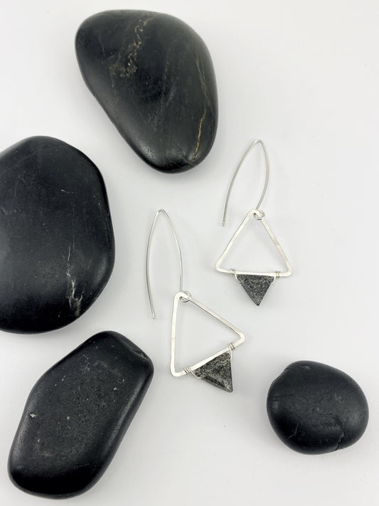 Black Sunstone Silver Triangle Earrings | Geometric Earrings | Boho Hoops | Silver Hoops | Handmade Sterling Silver Earrings