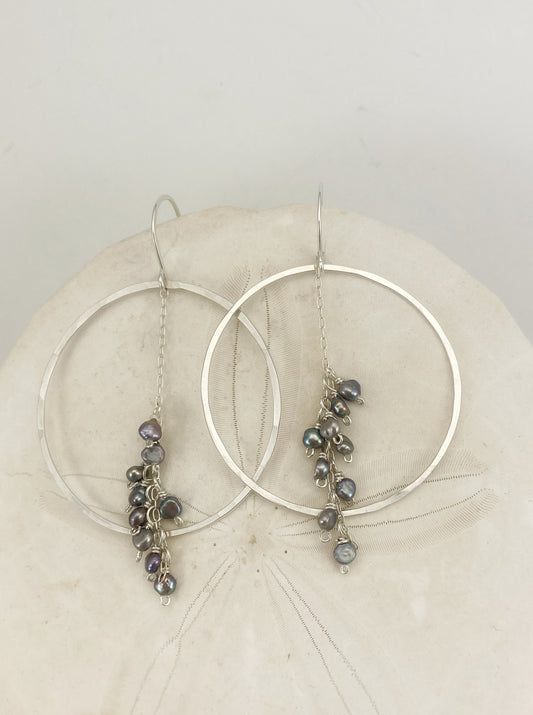 Hammered Silver Hoops with Silver Pearl Clusters