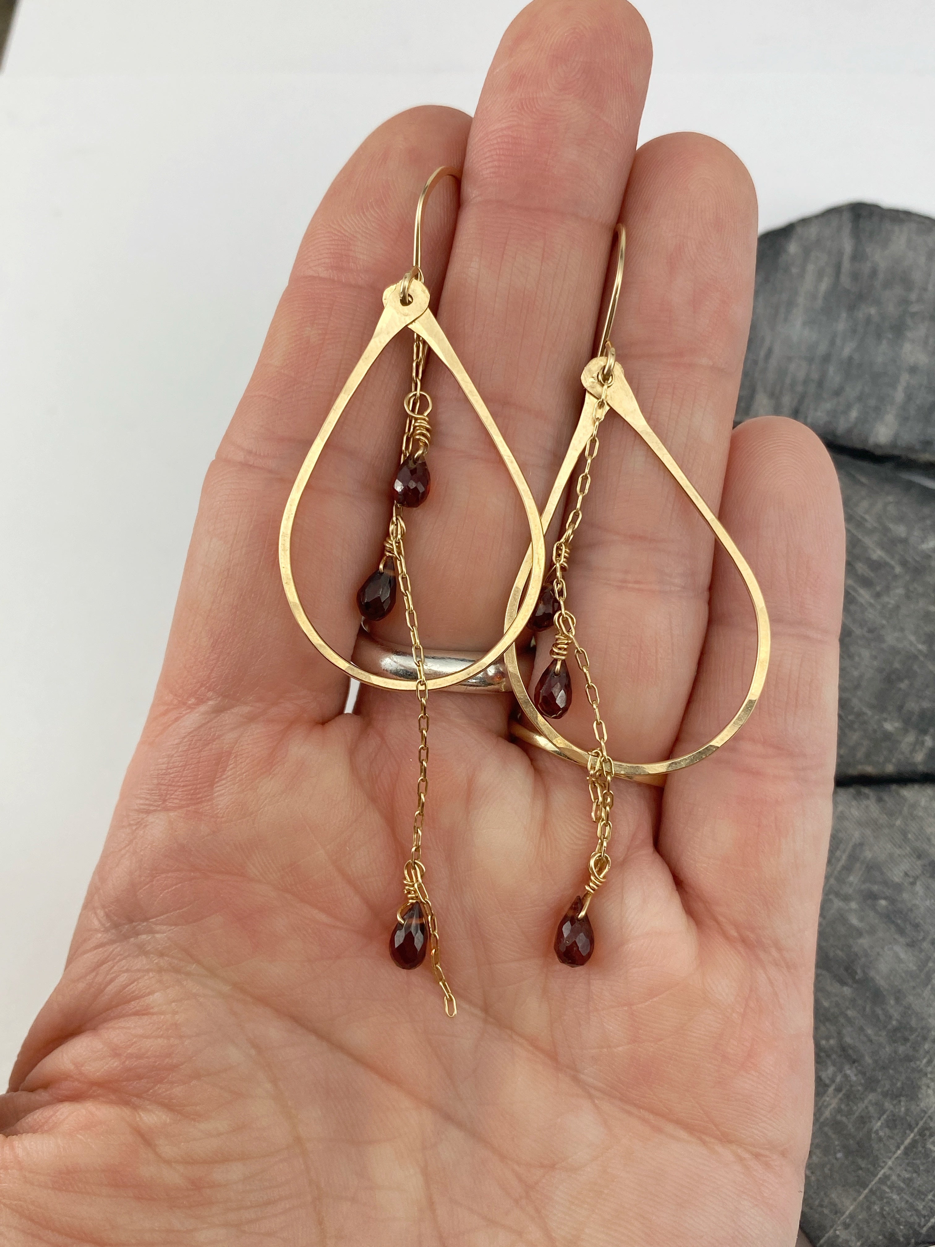 Gold Garnet Teardrop Hoops | Gold Teardrop Earrings | Teardrop Hoops | Geometric Earrings | Garnet Earrings | Minimalist Earrings | Boho Teardrop Earrings | 14 K Gold Fill | Birthstone Jewelry | January Birthday | Birthstone Earrings