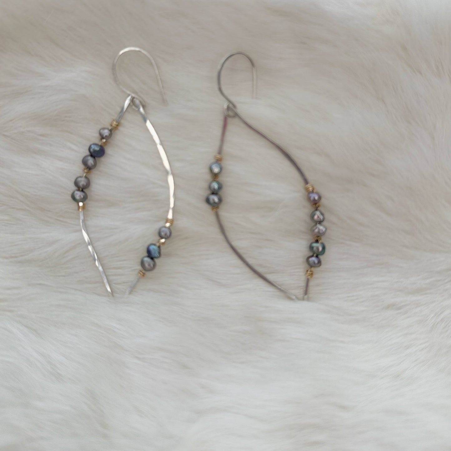 Mixed Metal Leaf Earrings with Platinum Grey Pearls