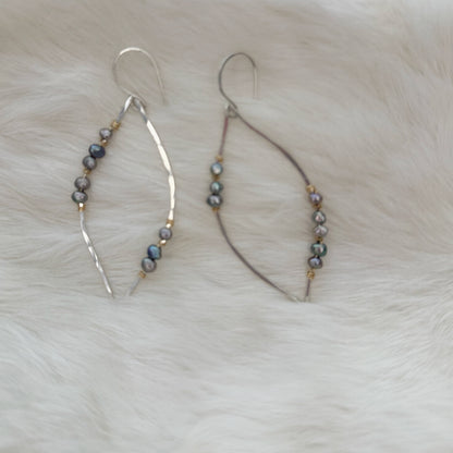Mixed Metal Leaf Earrings with Platinum Grey Pearls