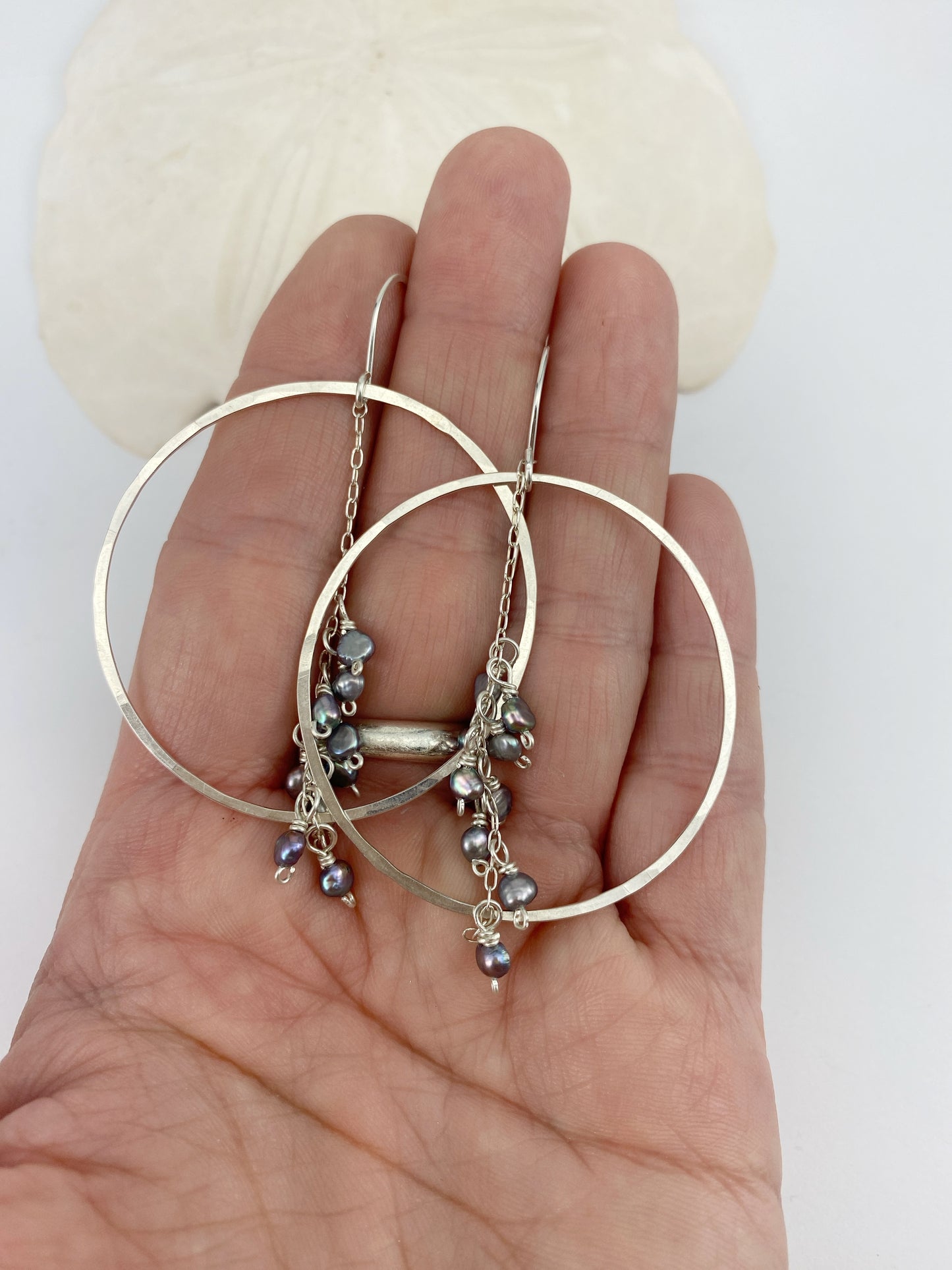 Hammered Silver Hoops with Silver Pearl Clusters