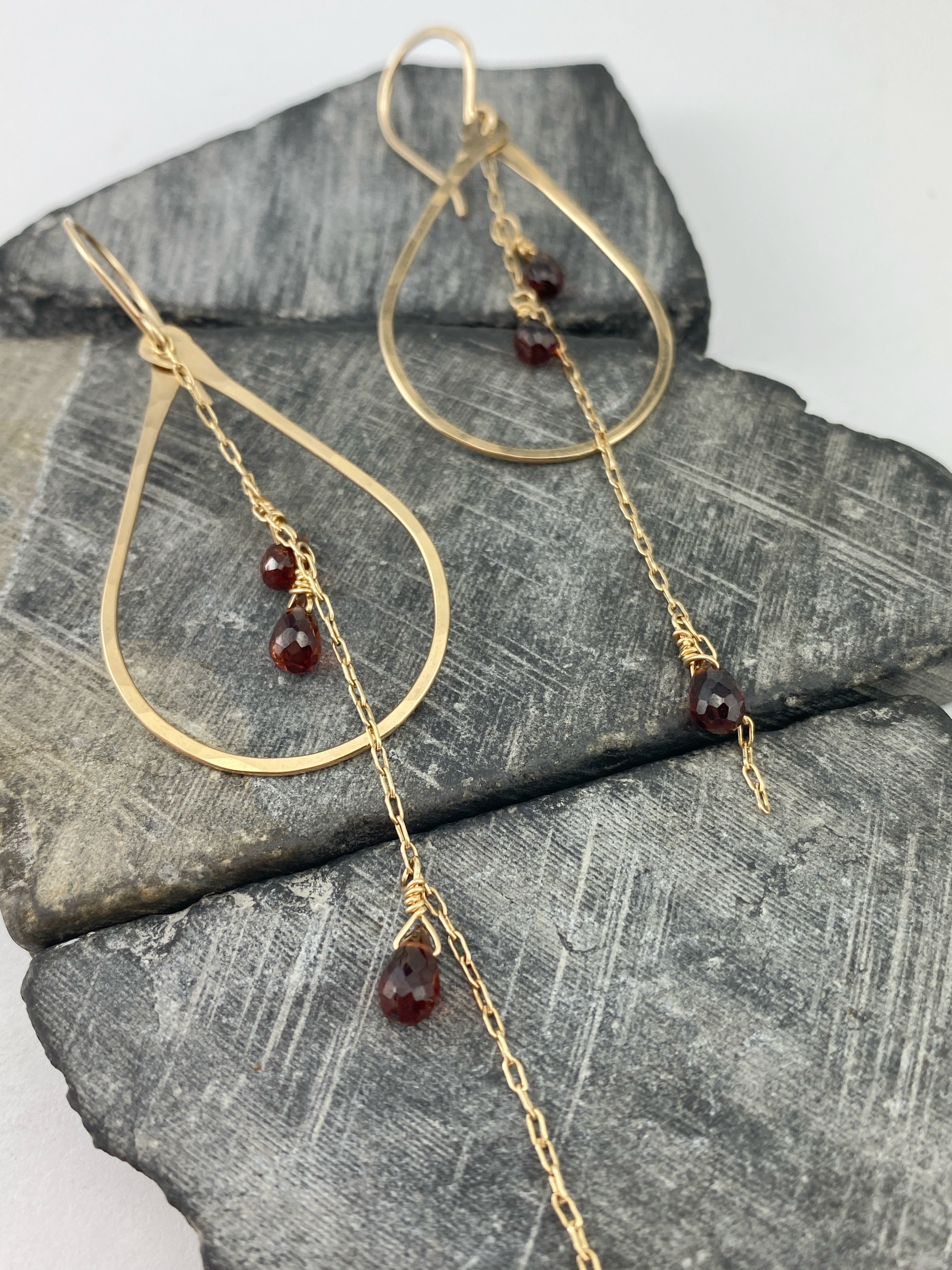 Gold Garnet Teardrop Hoops | Gold Teardrop Earrings | Teardrop Hoops | Geometric Earrings | Garnet Earrings | Minimalist Earrings | Boho Teardrop Earrings | 14 K Gold Fill | Birthstone Jewelry | January Birthday | Birthstone Earrings