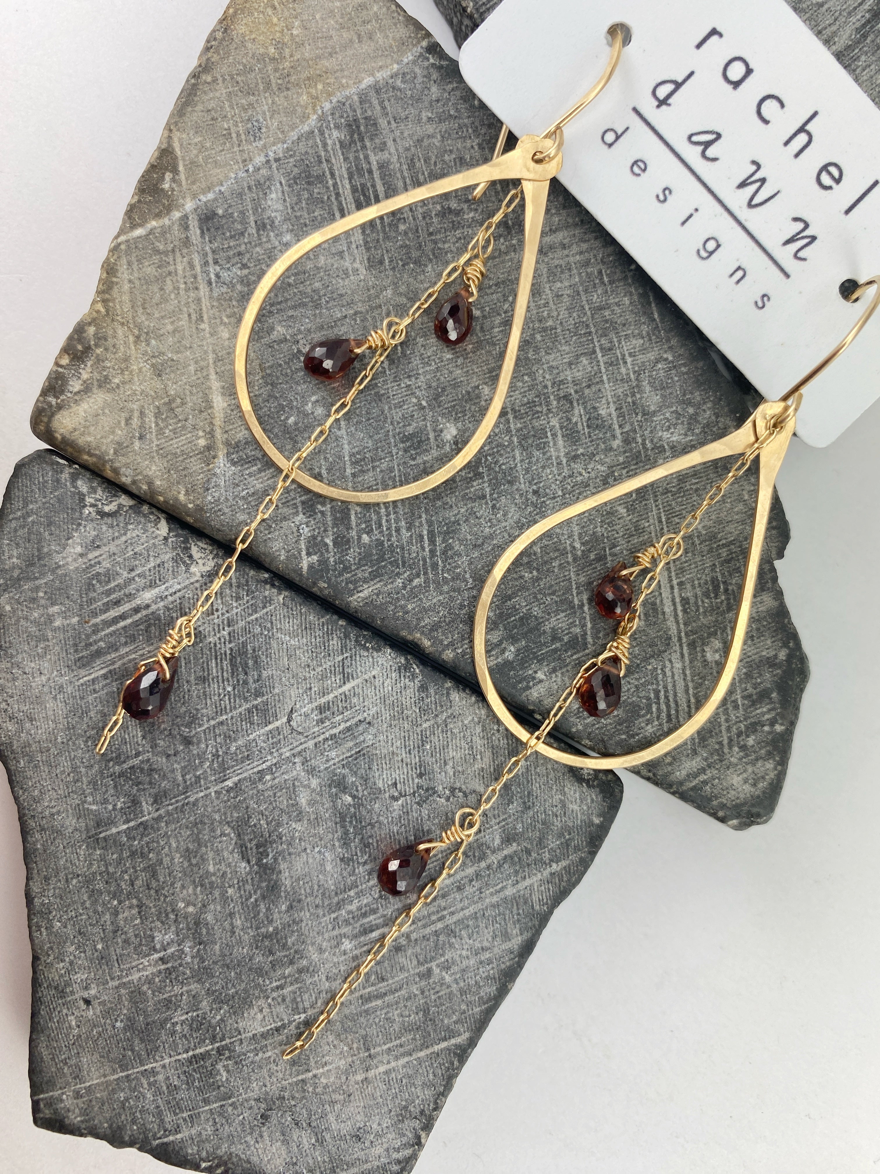 Gold Garnet Teardrop Hoops | Gold Teardrop Earrings | Teardrop Hoops | Geometric Earrings | Garnet Earrings | Minimalist Earrings | Boho Teardrop Earrings | 14 K Gold Fill | Birthstone Jewelry | January Birthday | Birthstone Earrings