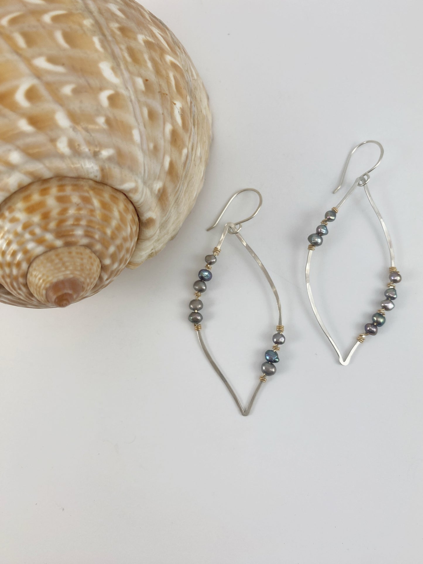 Mixed Metal Leaf Earrings with Platinum Grey Pearls