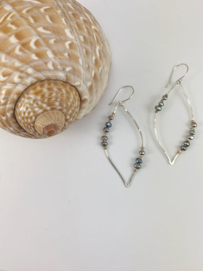 Mixed Metal Leaf Earrings with Platinum Grey Pearls
