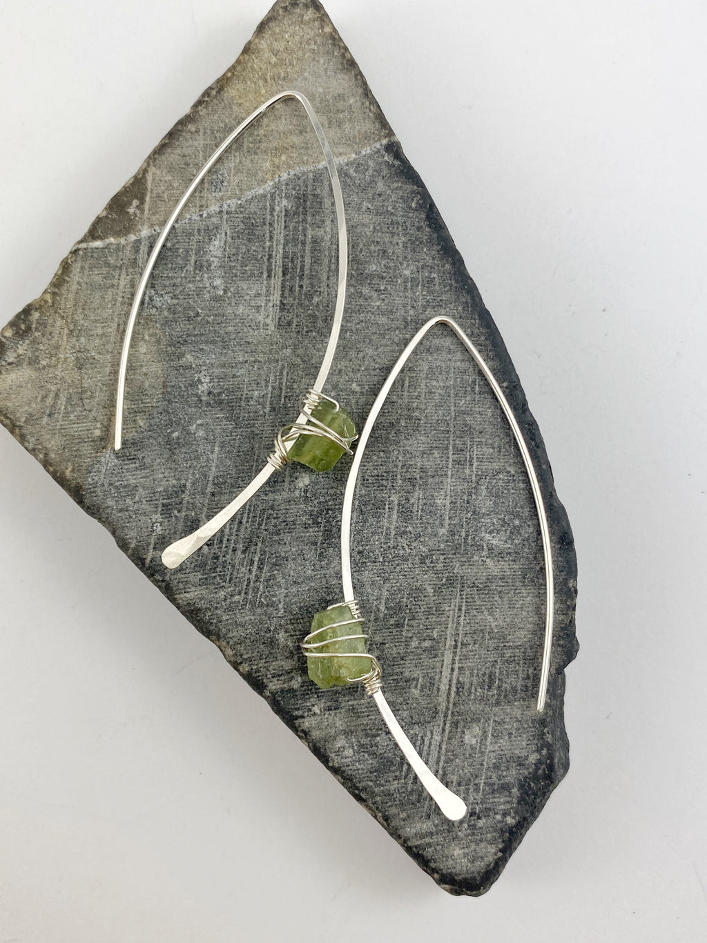Hammered Sterling Silver and Raw Peridot Earrings
