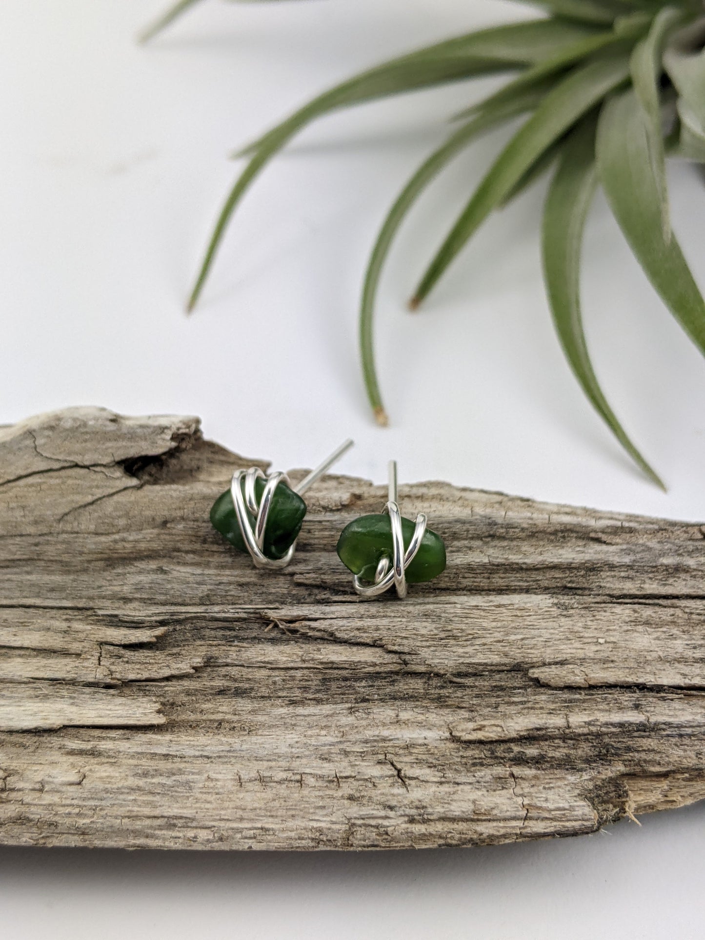 Sterling Silver Wrapped Jade Stud Earrings, Gemstone studs, natural jade, March birthstone, stone earrings,