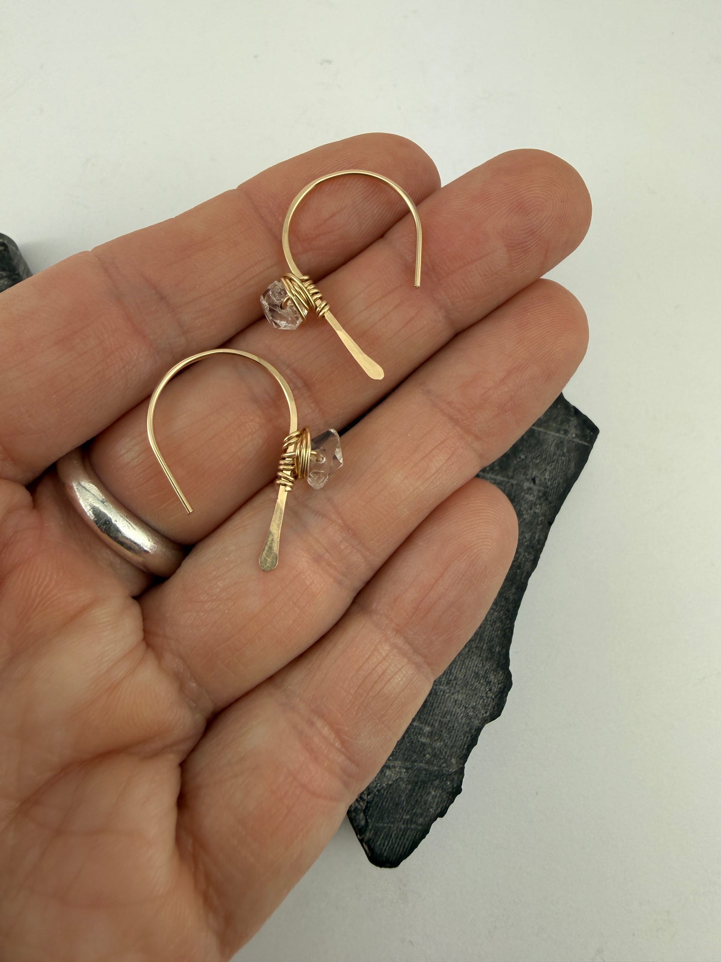 Gold Open Hoop Earrings with Herkimer Diamonds | Birthstone Earrings | Dainty Earrings | Gold Boho Earrings | Gold Hoops | April Birthstone | Arch Hoops | Simple Earrings | Open Hoops | Minimalist Earrings