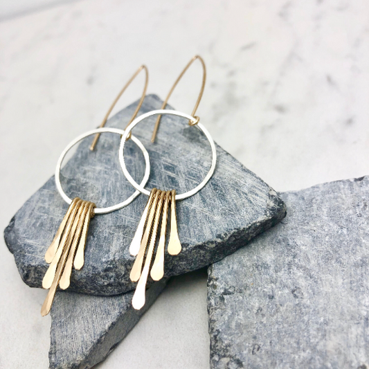 Silver Gold Fringe Hoop Earrings | Silver Boho Hoops | Fringe Earrings | Hammered Hoops | Mixed Metal Earrings | Statement Earrings