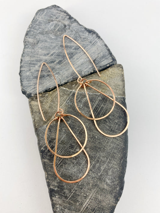 Art Deco Rose Gold Hoops | Teardrop Earrings | Geometric Earrings | Statement Earrings | Hammered Hoops | 14 K Rose Gold Fill