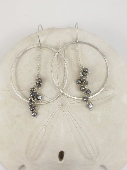 Hammered Silver Hoops with Silver Pearl Clusters