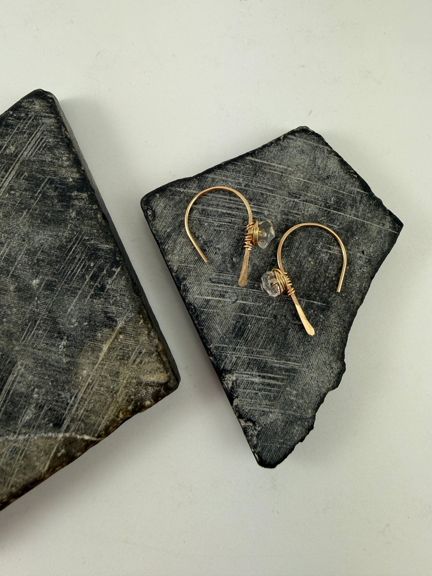Gold Open Hoop Earrings with Herkimer Diamonds | Birthstone Earrings | Dainty Earrings | Gold Boho Earrings | Gold Hoops | April Birthstone | Arch Hoops | Simple Earrings | Open Hoops | Minimalist Earrings