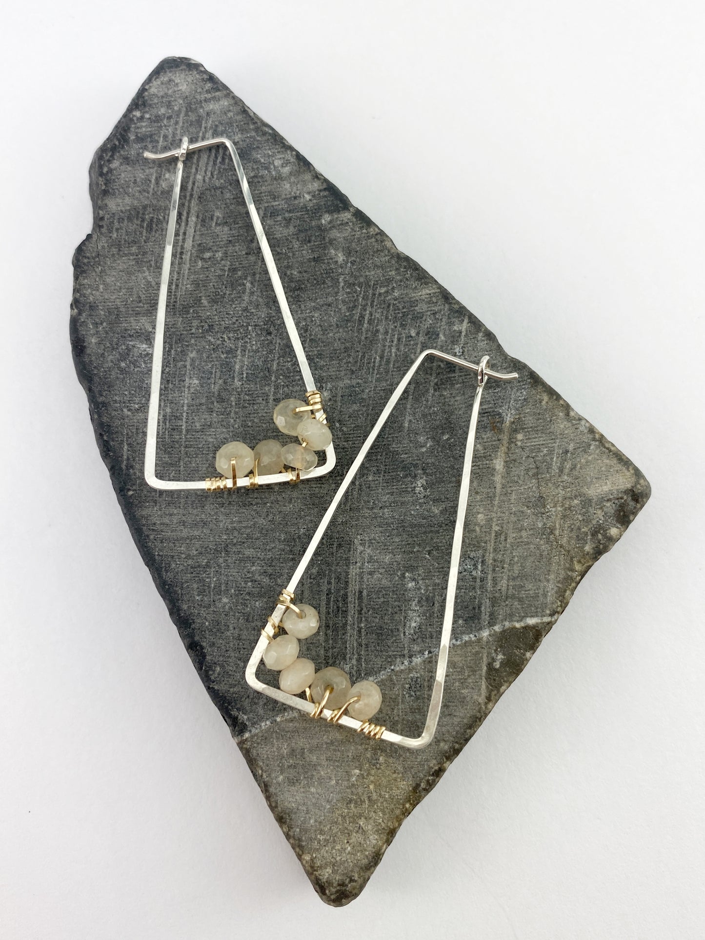Moonstone Trapezoid Mixed Metal Hoops | Geometric Earrings | Everyday Earrings | Minimalist Earrings | Boho Hoop Earrings | Trapezoid Earrings | Chocolate Moonstone | Mixed Metal Hoops