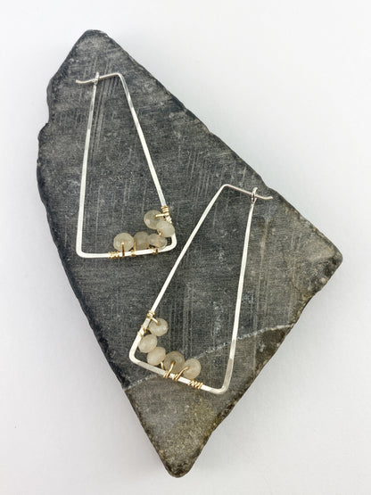 Moonstone Trapezoid Mixed Metal Hoops | Geometric Earrings | Everyday Earrings | Minimalist Earrings | Boho Hoop Earrings | Trapezoid Earrings | Chocolate Moonstone | Mixed Metal Hoops