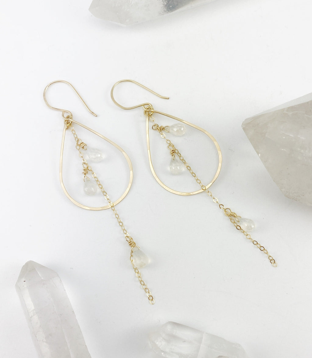 Gold Moonstone Teardrop Earrings | Teardrop Hoops | Geometric Earrings | Moonstone Earrings | Minimalist Earrings | Boho Teardrop Earrings | 14 K Gold Fill