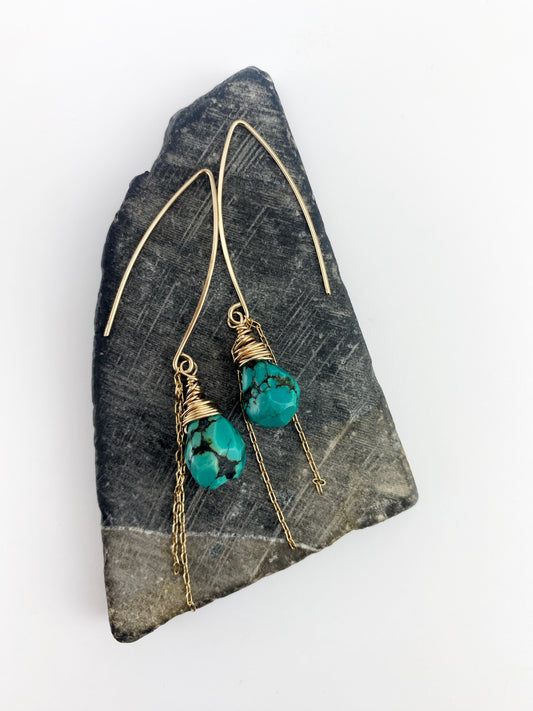 Gold Turquoise Earrings, gold wire wrapped earrings, turquoise drop earrings, boho earrings, turquoise earrings
