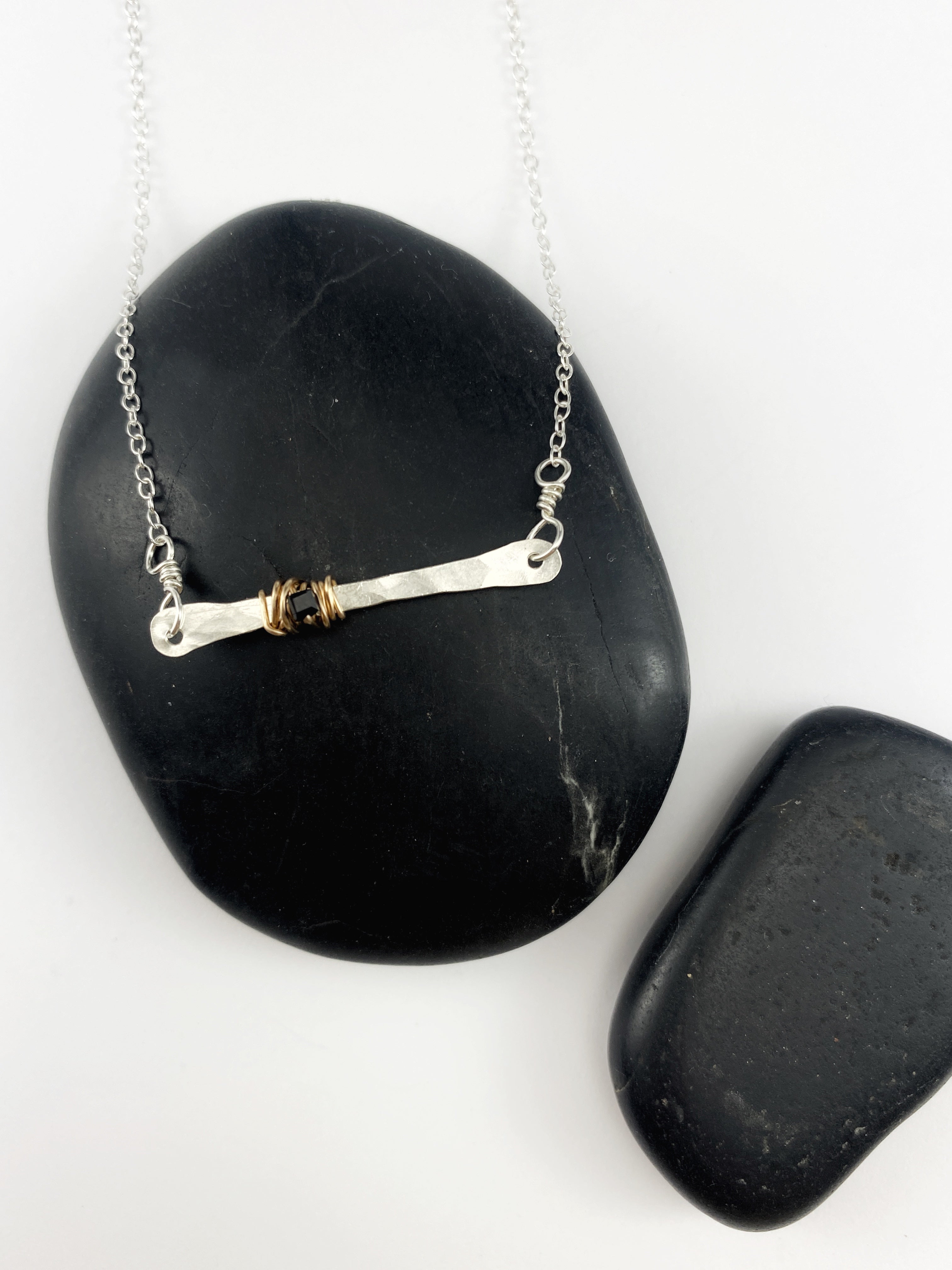 Onyx Bar Necklace with Sterling Silver and 14K Gold