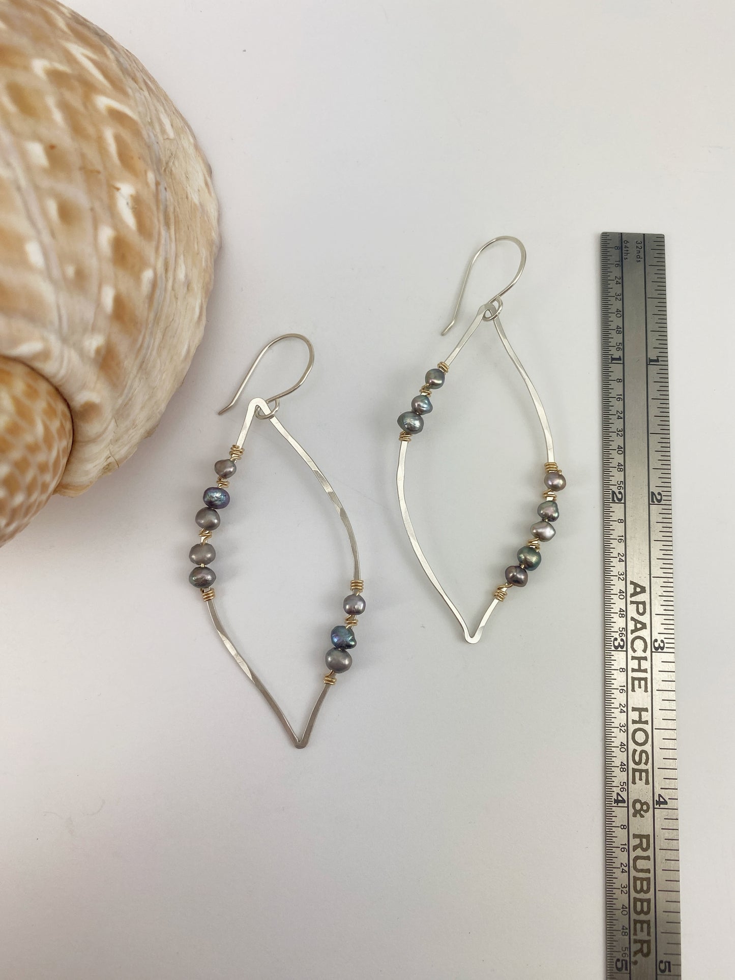 Mixed Metal Leaf Earrings with Platinum Grey Pearls