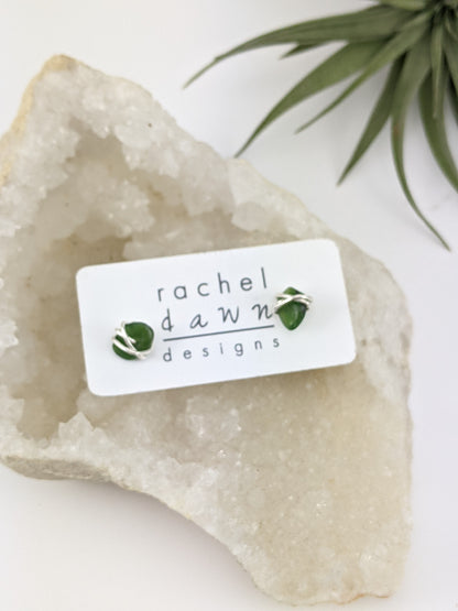 Sterling Silver Wrapped Jade Stud Earrings, Gemstone studs, natural jade, March birthstone, stone earrings,