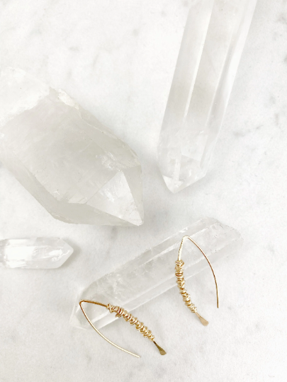Gold Pull Through Earrings with Gold Wrap | Boho Threader Earrings | Minimalist Earrings | Delicate Earrings | Dainty Open Hoops |  Arc Earrings