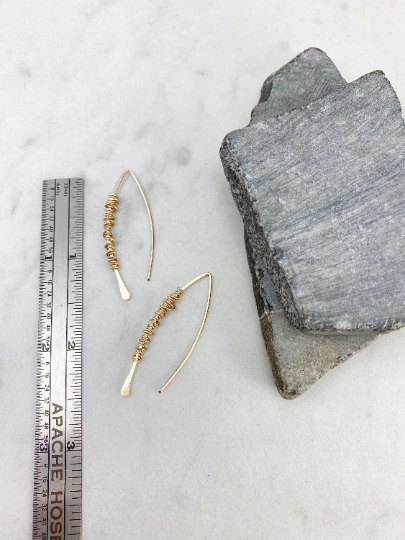 Gold Pull Through Earrings with Gold Wrap | Boho Threader Earrings | Minimalist Earrings | Delicate Earrings | Dainty Open Hoops |  Arc Earrings