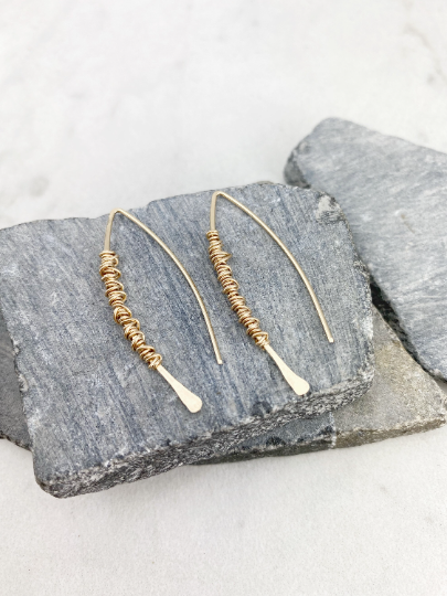 Gold Pull Through Earrings with Gold Wrap | Boho Threader Earrings | Minimalist Earrings | Delicate Earrings | Dainty Open Hoops |  Arc Earrings