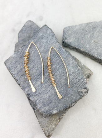 Hammered Gold Boho Threader Earrings with Gold Wire Wrap