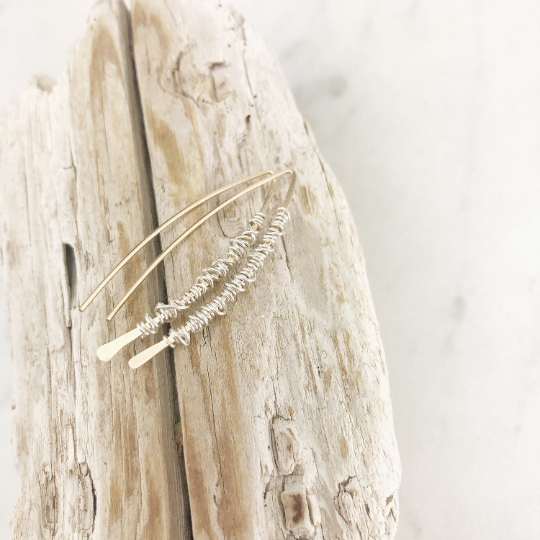 Hammered Gold Boho Threader Earrings with Silver Wire Wrap