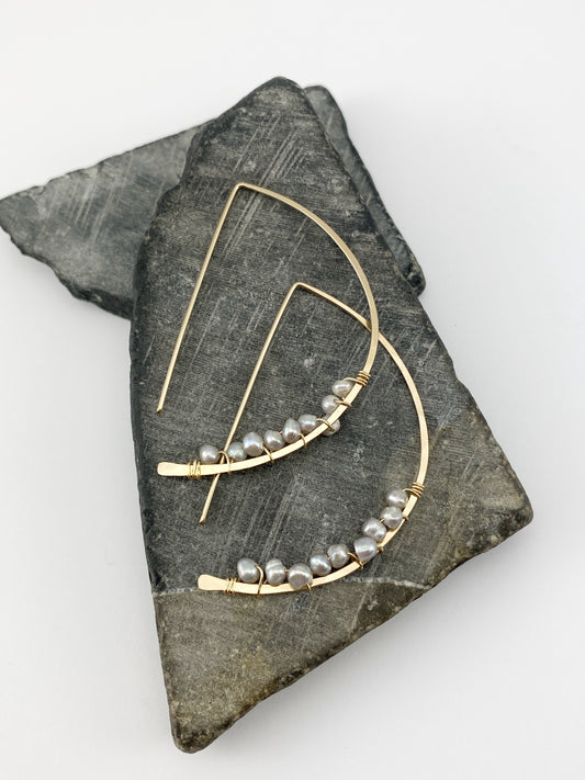 Gold Pearl Half Moon Open Hoops | Arc Earrings | Petal Threaders | Open Hoops | Gold Boho Earrings | Minimalist Earrings | Lightweight Earrings | Pearl Hoops | Moon Earrings