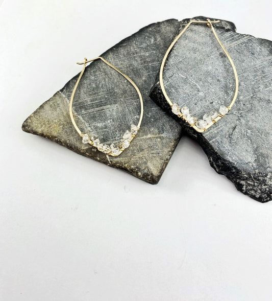 Hammered Gold Petal Hoop Earrings with Wrapped Herkimer Diamonds, minimalist earrings, delicate earrings, gold earrings, petal hoops