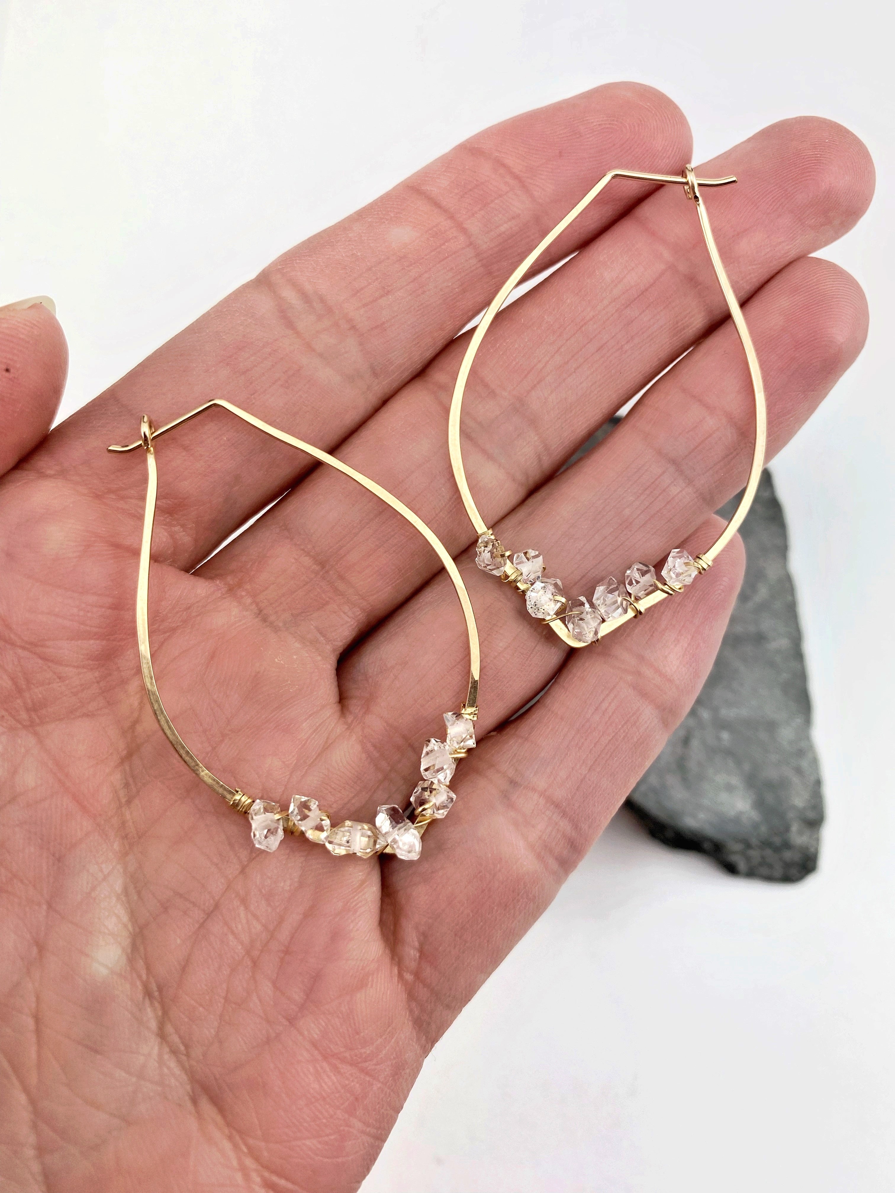 Hammered Gold Petal Hoop Earrings with Wrapped Herkimer Diamonds, minimalist earrings, delicate earrings, gold earrings, petal hoops