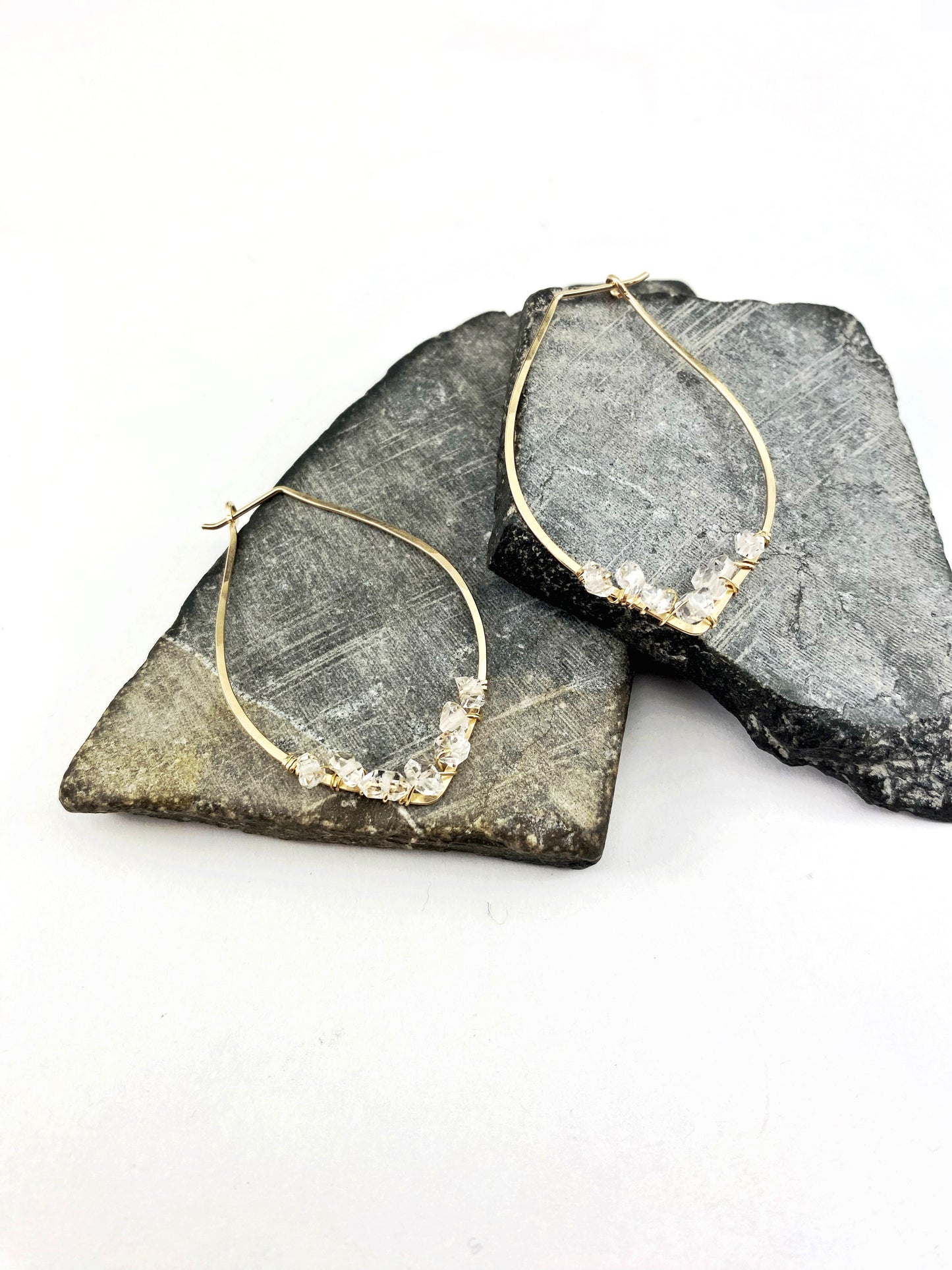Hammered Gold Petal Hoop Earrings with Wrapped Herkimer Diamonds, minimalist earrings, delicate earrings, gold earrings, petal hoops
